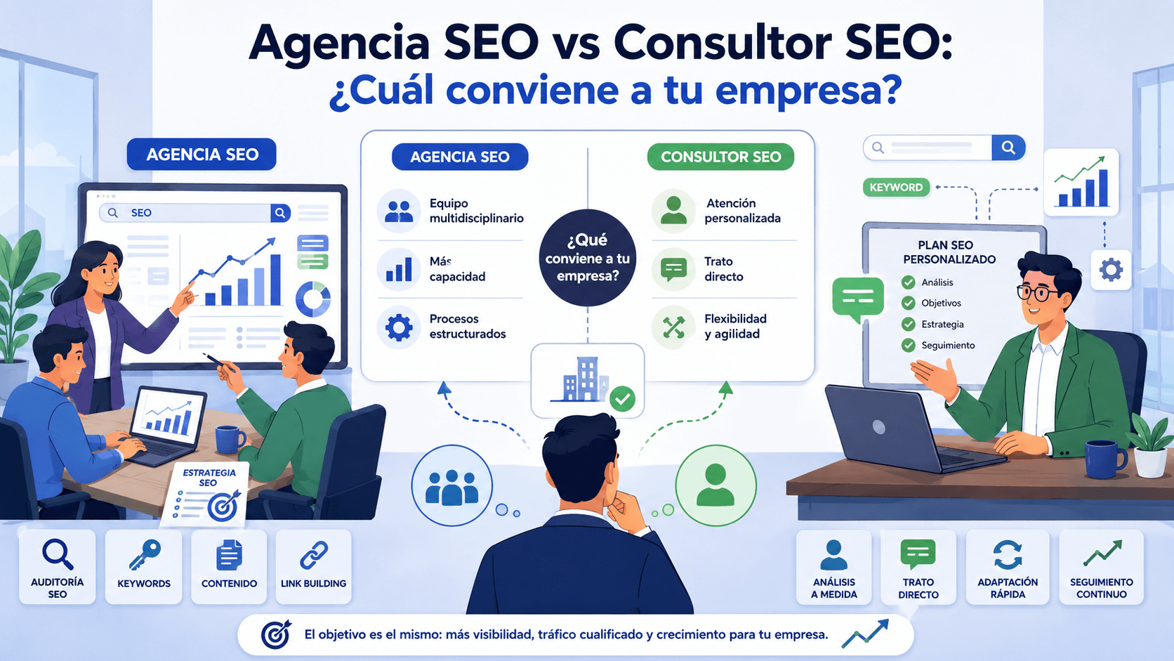 Elegir entre una agencia SEO y un consultor independiente determina el futuro de tu visibilidad orgánica. Analizamos ventajas, costos y capacidades operativas para decisiones B2B.